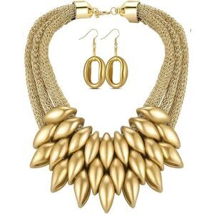 African Bib Tassel Choker Necklace Earrings Set Chunky Tribal Statement Jewelry